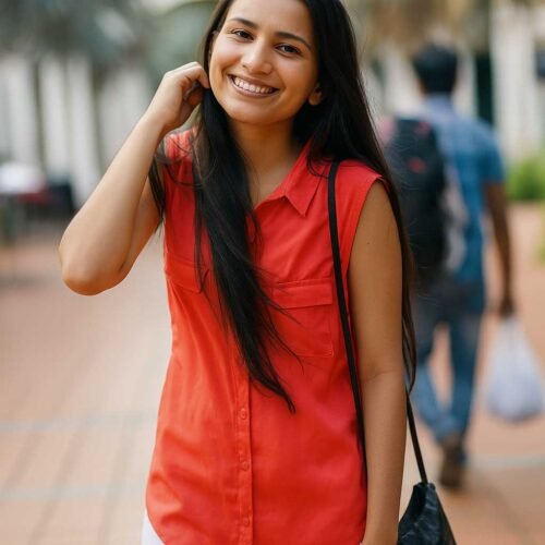 Woman with long black hair wearing a sleeveless red button-down top and white pants, carrying a black shoulder bag, standing outdoors on a tiled walkway with palm trees and blurred figures in the background.
