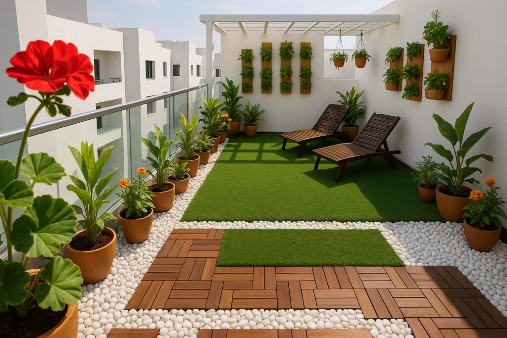 Modern balcony garden design with lounge chairs, green plants, and wooden flooring by Maison Square