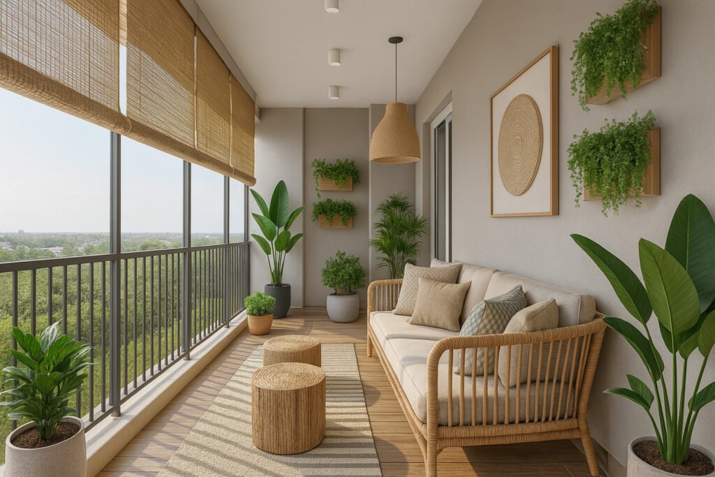 Minimalist balcony design with natural cane furniture, indoor plants, and soft lighting by Maison Square