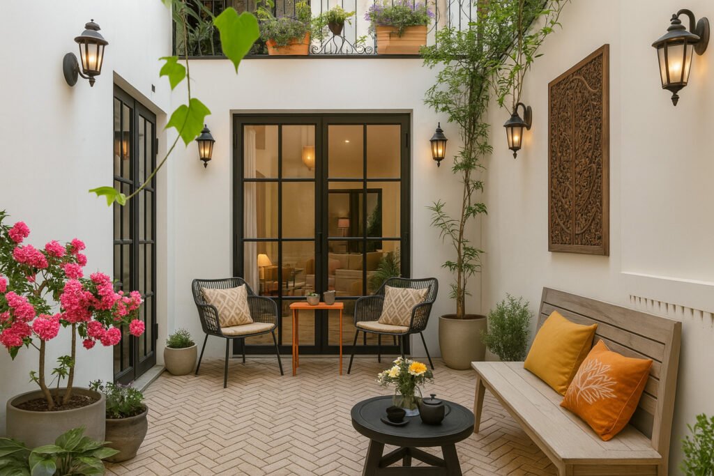 Charming courtyard design with cozy seating, flowering plants, and wall-mounted lantern lights by Maison Square