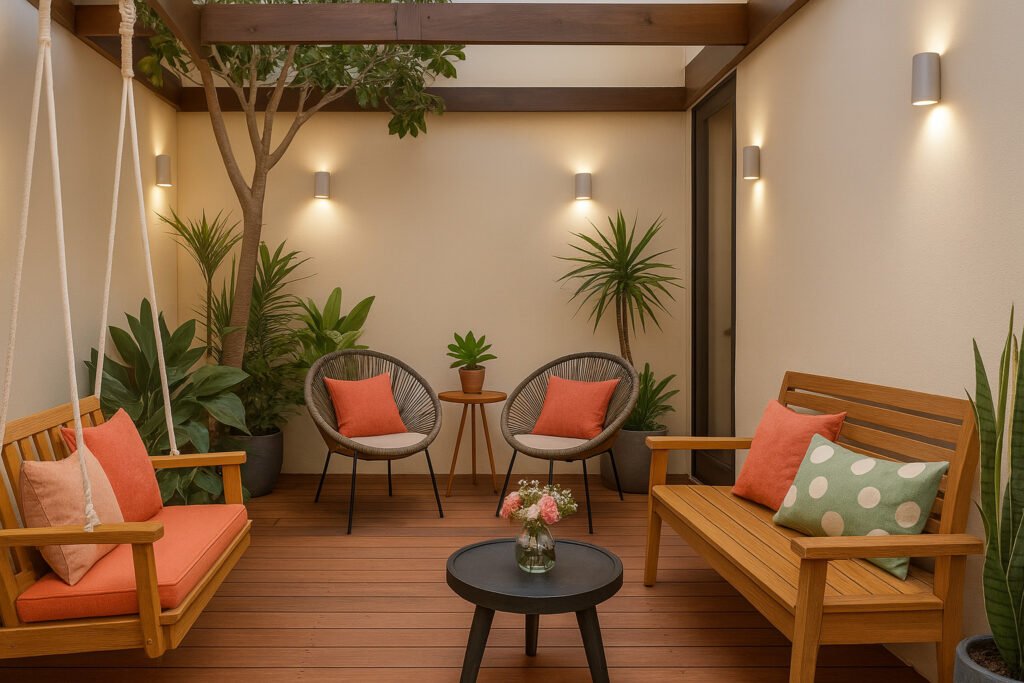 Cozy patio design with wooden swing, bench seating, tropical plants, and warm lighting by Maison Square