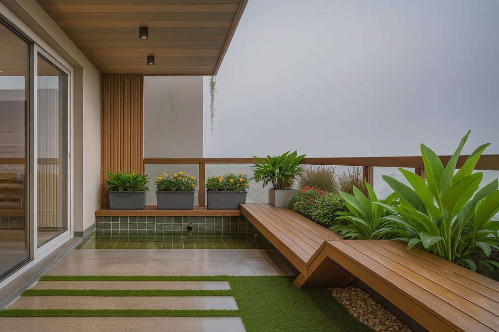 Minimalist balcony design with wooden seating, planter boxes, and green accents by Maison Square