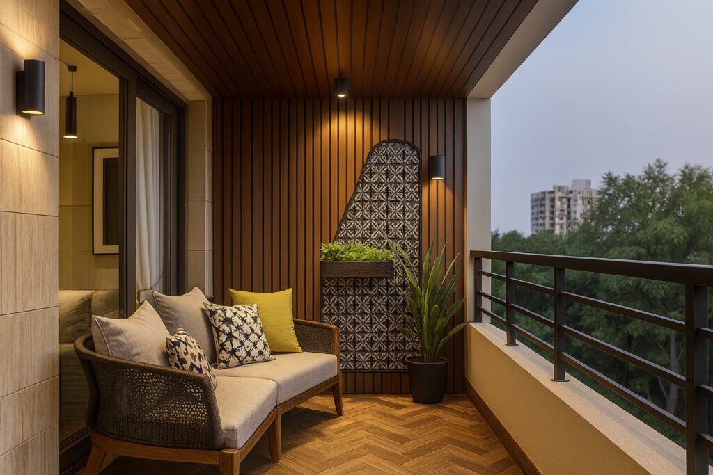 Cozy balcony design with wooden paneling, comfortable seating, and ambient lighting by Maison Square