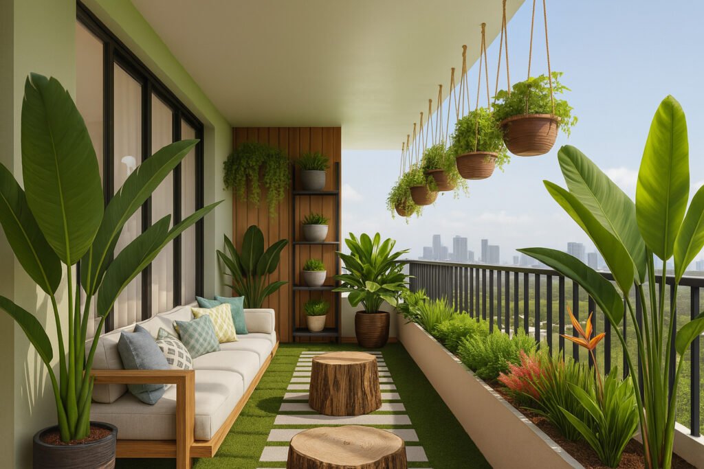 Modern balcony garden with hanging planters, lush greenery, and cozy outdoor seating by Maison Square