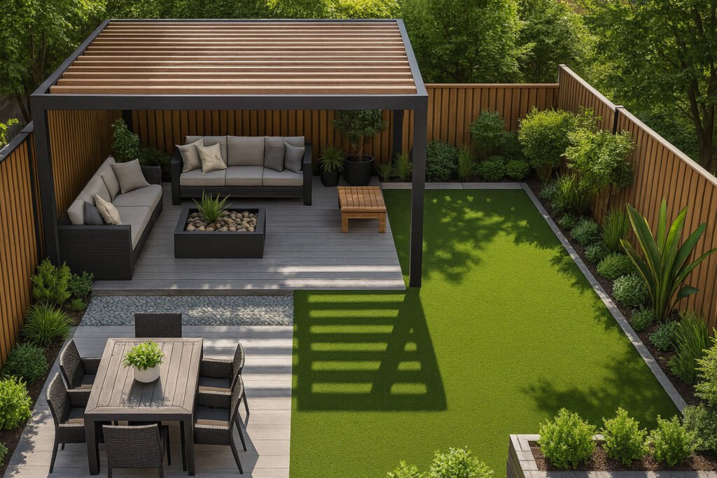 Modern outdoor garden with pergola seating, dining area, and lush greenery by Maison Square
