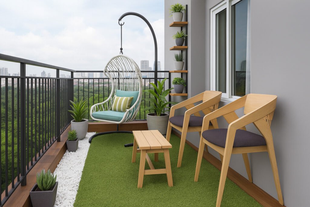 Compact balcony design with swing chair, wooden seating, artificial grass flooring, and potted plants by Maison Square