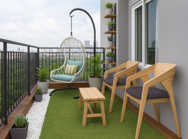 Compact balcony design with swing chair, wooden seating, artificial grass flooring, and potted plants by Maison Square
