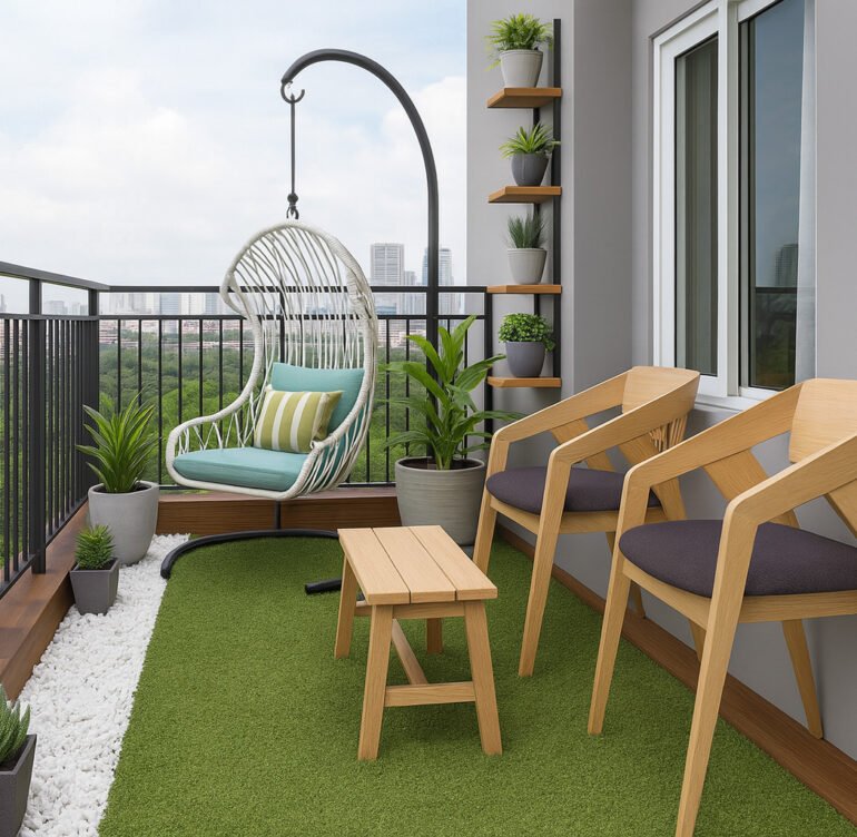 Compact balcony design with swing chair, wooden seating, artificial grass flooring, and potted plants by Maison Square