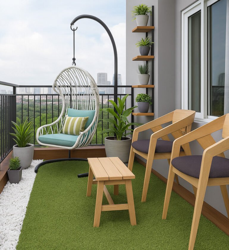 Compact balcony design with swing chair, wooden seating, artificial grass flooring, and potted plants by Maison Square