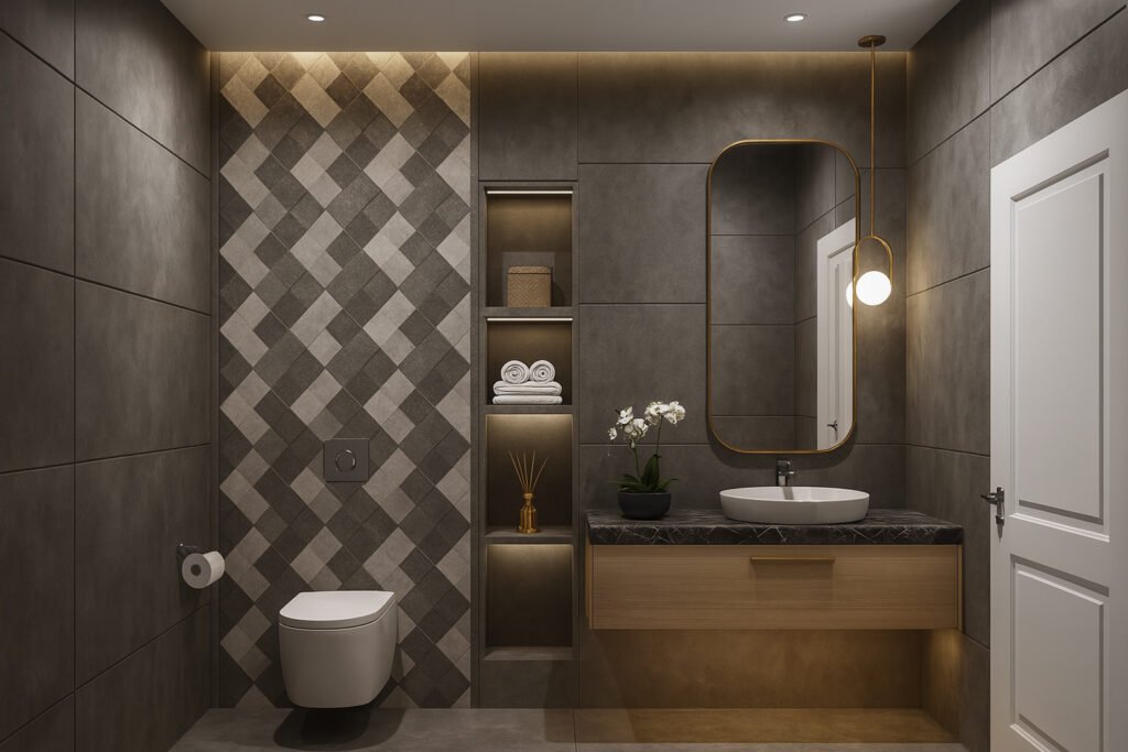 Modern bathroom interior with geometric wall tiles, floating vanity, and ambient lighting by Maison Square