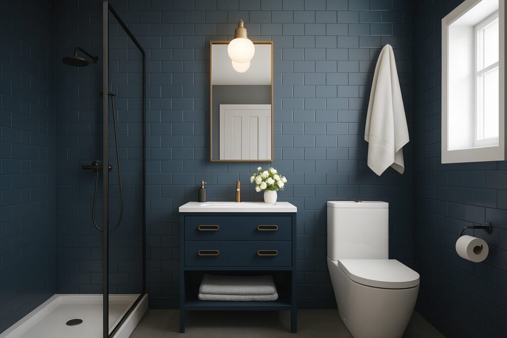Modern compact bathroom with dark blue subway tiles, glass shower enclosure, and vanity by Maison Square