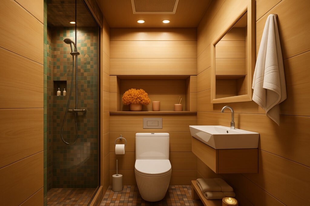 Compact wooden-themed bathroom with shower cubicle, modern fixtures, and warm lighting by Maison Square