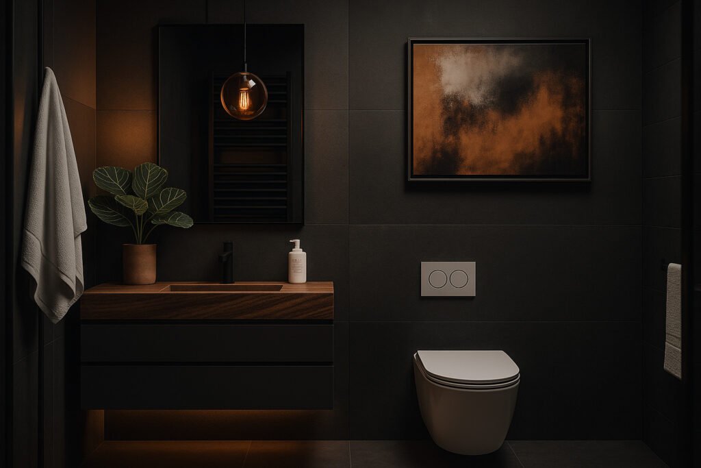 Luxurious dark-themed bathroom with wooden vanity, pendant lighting, and modern decor by Maison Square