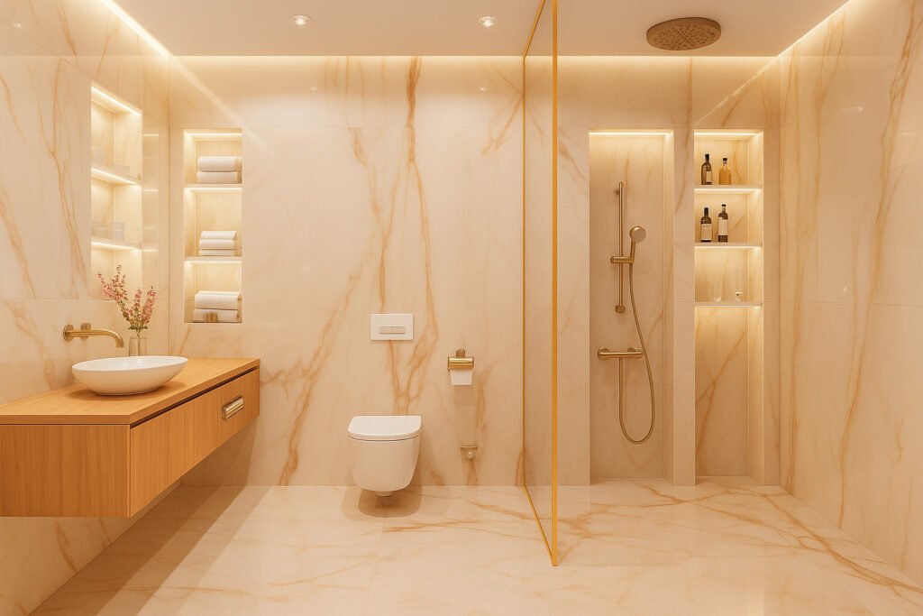 Luxurious bathroom with golden marble walls, floating vanity, and backlit niches by Maison Square