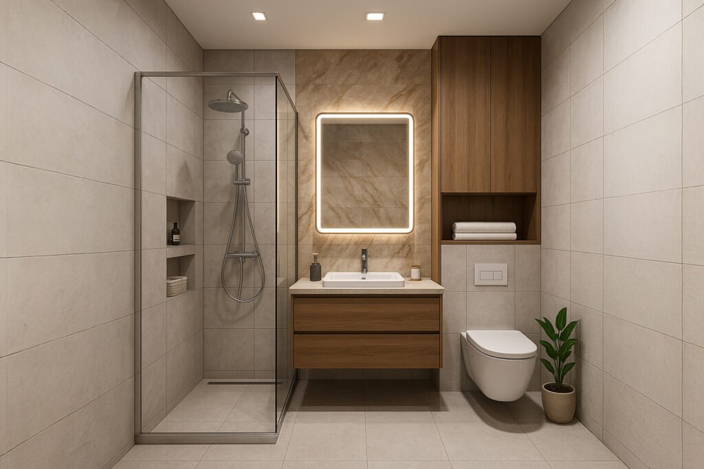 Modern bathroom with glass shower enclosure, wooden vanity, and backlit mirror by Maison Square