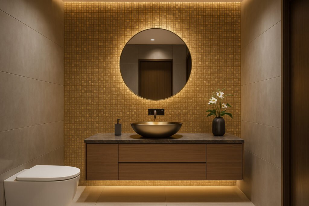 Luxury bathroom interior with gold accent wall, round mirror, and floating vanity by Maison Square