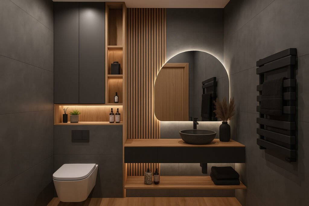 Luxurious modern bathroom with dark tones, wooden accents, and backlit mirror by Maison Square
