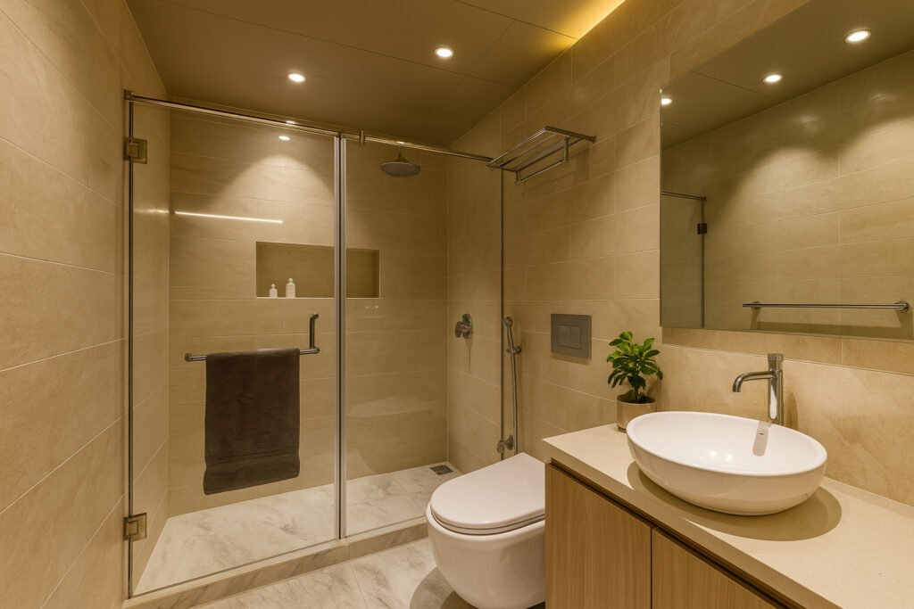 Modern bathroom with glass shower partition, beige tiles, and countertop basin by Maison Square
