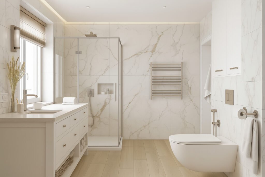 Elegant bathroom with white marble walls, glass shower partition, and wooden flooring by Maison Square