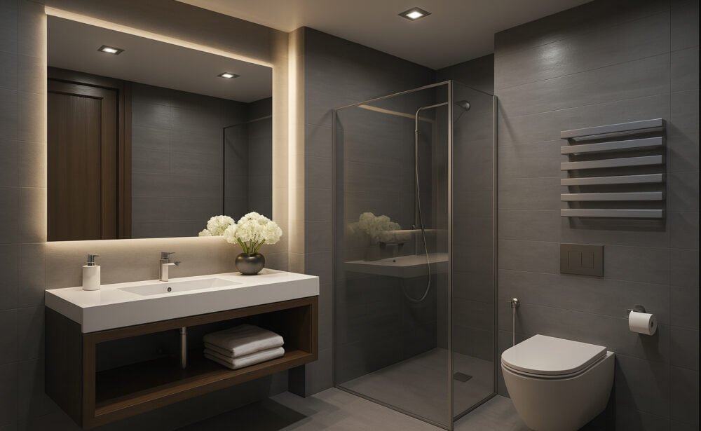 Modern dark-themed bathroom with glass shower, floating vanity, and backlit mirror by Maison Square