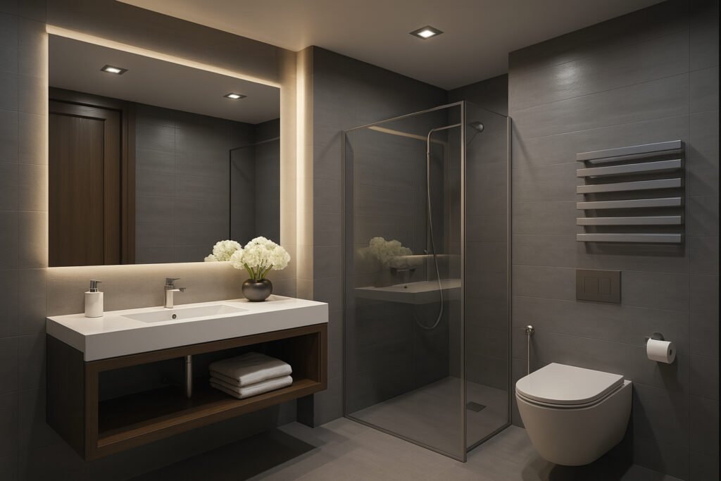 Modern dark-themed bathroom with glass shower, floating vanity, and backlit mirror by Maison Square