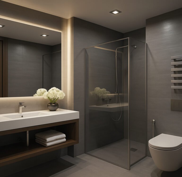 Modern dark-themed bathroom with glass shower, floating vanity, and backlit mirror by Maison Square