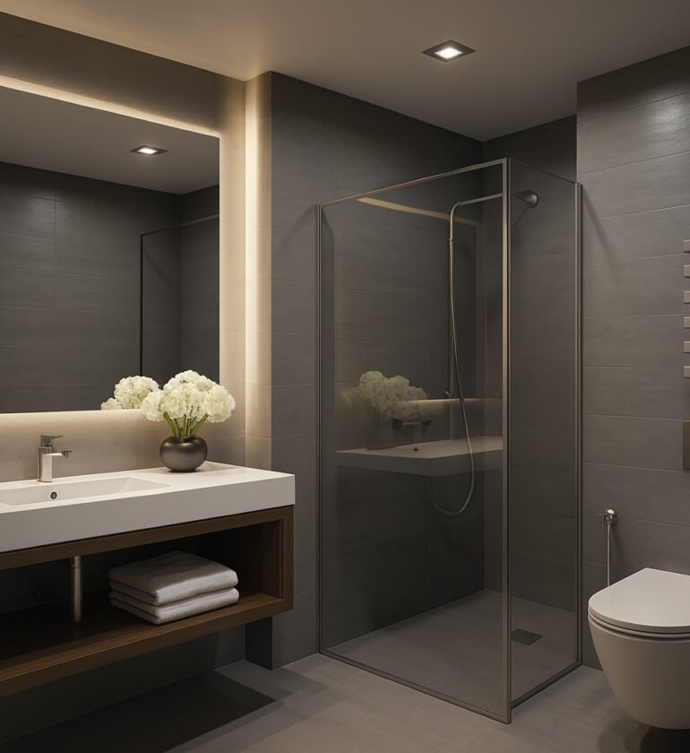 Modern dark-themed bathroom with glass shower, floating vanity, and backlit mirror by Maison Square