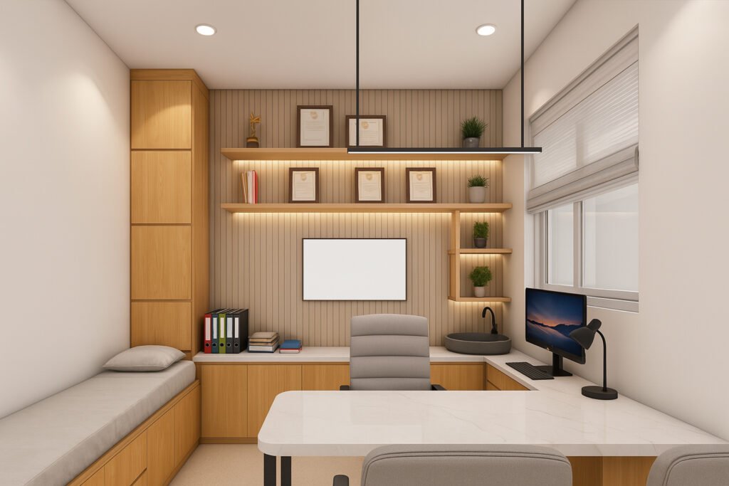 Modern clinic interior with wooden cabinets, study desk, and minimalist decor by Maison Square