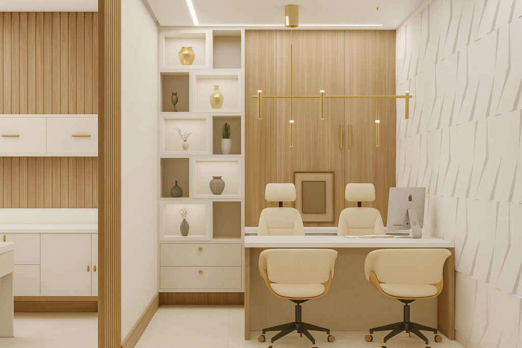 Luxury clinic consultation room with modern chairs, wooden accents, and minimalist decor by Maison Square