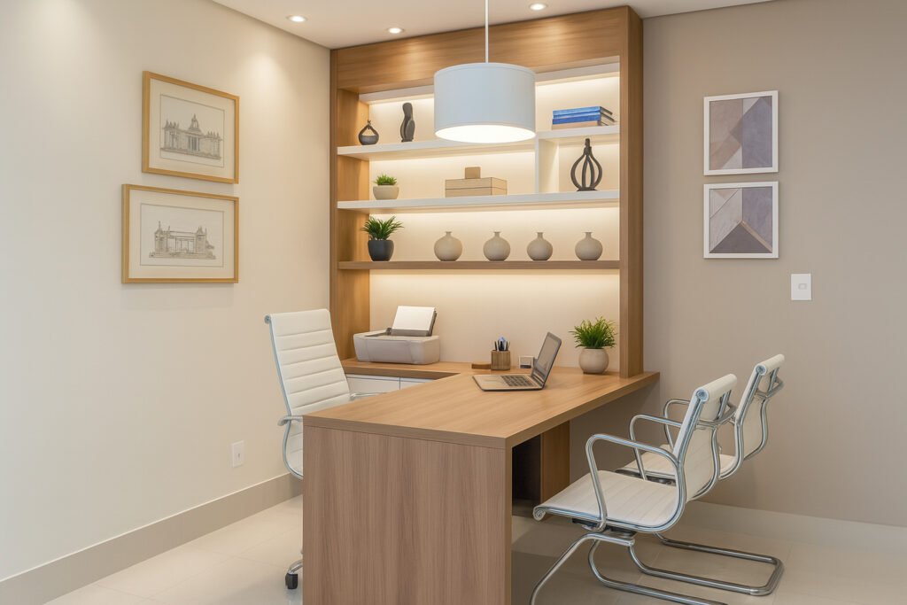 Modern clinic consultation cabin with minimalist wooden desk, white chairs, and decorative shelving by Maison Square