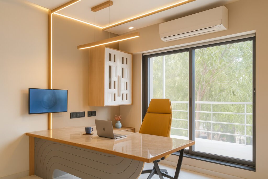 Modern clinic cabin with sleek design, marble desk, mustard leather chair, and warm LED strip lighting