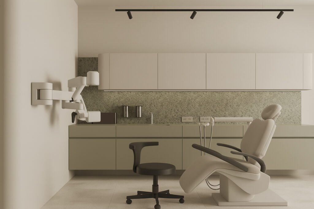 Minimalist dental clinic setup with dental chair, wall-mounted equipment, and modern cabinetry