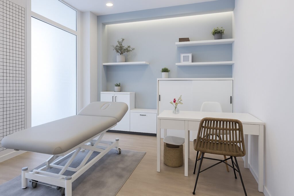 Minimalist physiotherapy or healthcare consultation room with treatment bed and modern furniture