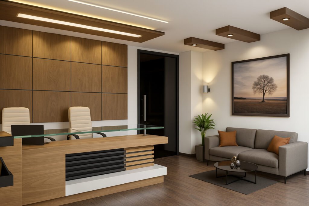 Modern clinic reception area with a wooden front desk, cozy waiting lounge, and elegant ceiling design