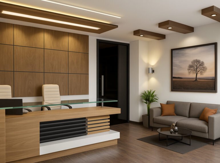 Modern clinic reception area with a wooden front desk, cozy waiting lounge, and elegant ceiling design