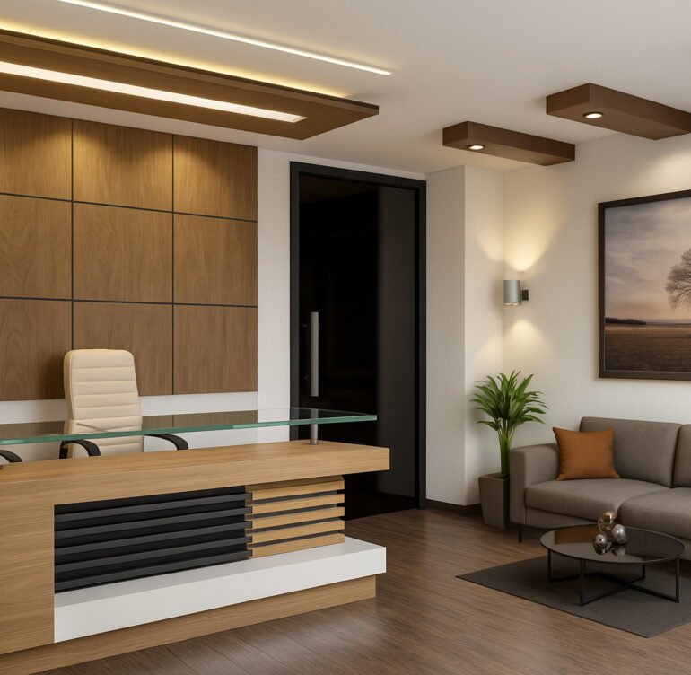 Modern clinic reception area with a wooden front desk, cozy waiting lounge, and elegant ceiling design