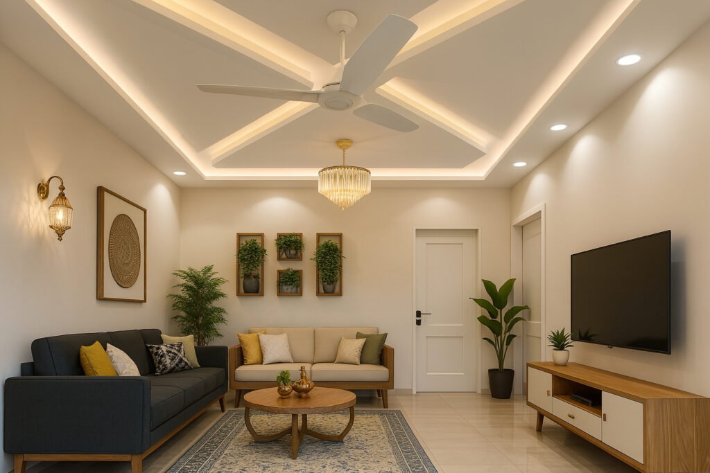 Modern living room with false ceiling design, cozy seating, indoor plants, and warm ambient lighting
