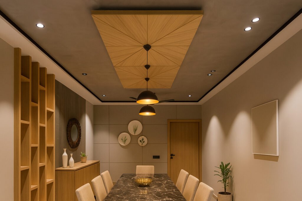 Contemporary wooden false ceiling design in a modern dining room with pendant lights