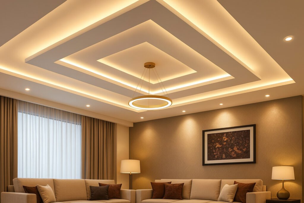 Modern square layer false ceiling design with warm lighting in a cozy living room