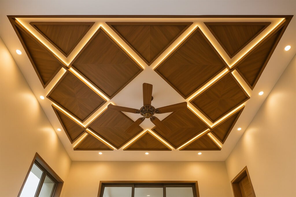 Geometric wooden false ceiling design with backlit lighting and ceiling fan
