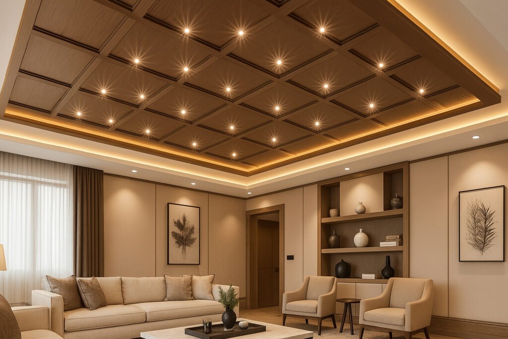 Elegant wooden grid false ceiling design with recessed spotlights in a modern living room