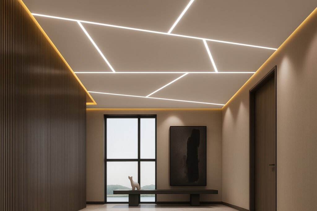 Modern false ceiling design with diagonal LED strip lighting in a minimalist hallway