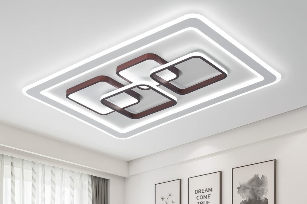Modern false ceiling design with interlocking square LED lights in a contemporary bedroom interior