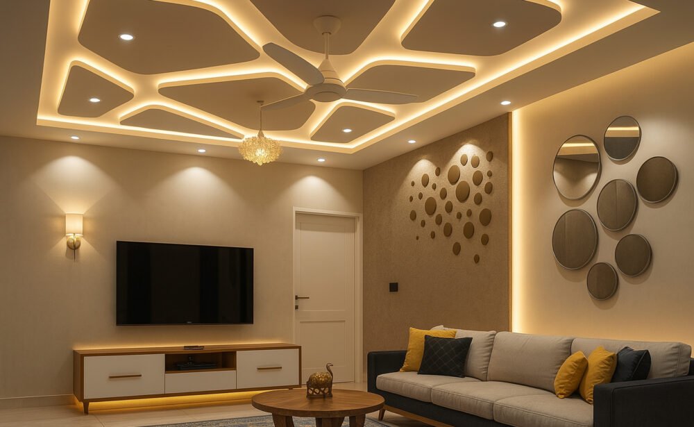 Contemporary living room with geometric false ceiling, warm LED lighting, and modern decor elements