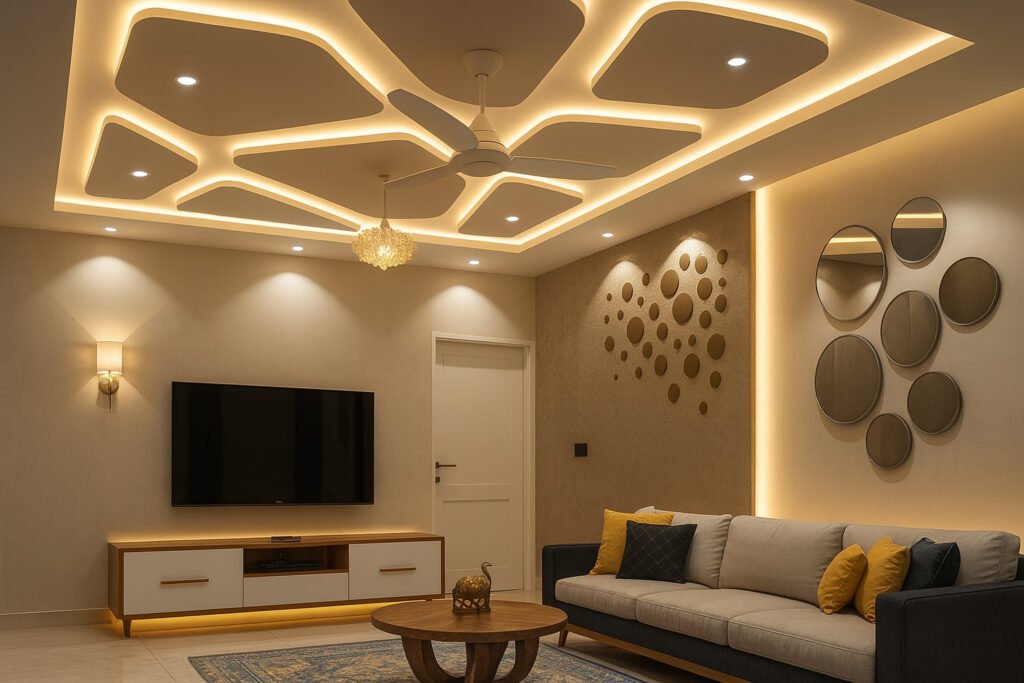 Contemporary living room with geometric false ceiling, warm LED lighting, and modern decor elements