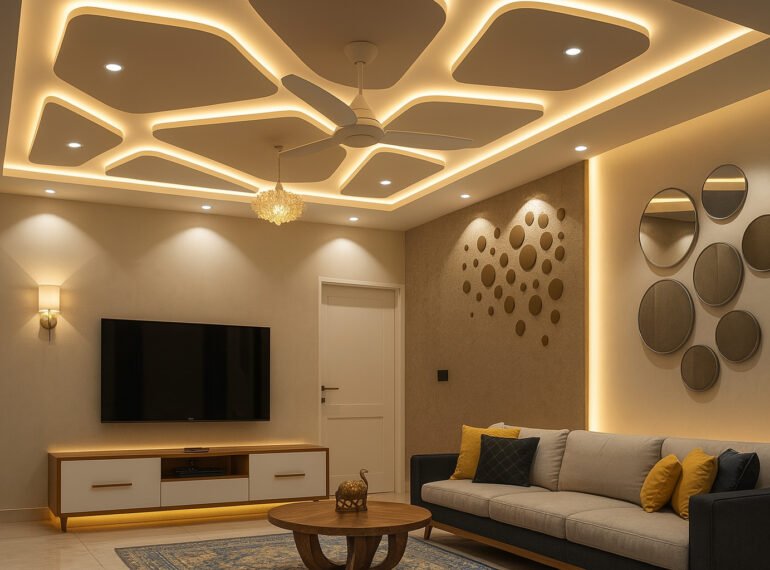 Contemporary living room with geometric false ceiling, warm LED lighting, and modern decor elements