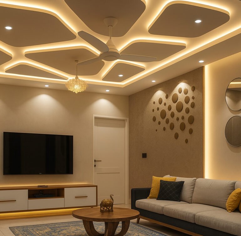 Contemporary living room with geometric false ceiling, warm LED lighting, and modern decor elements