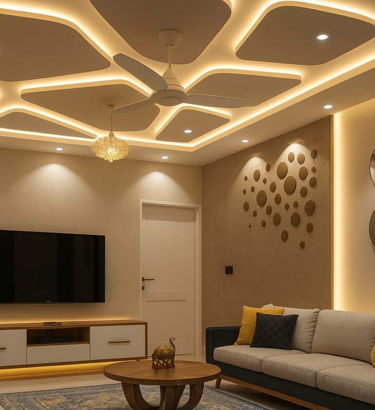 Contemporary living room with geometric false ceiling, warm LED lighting, and modern decor elements