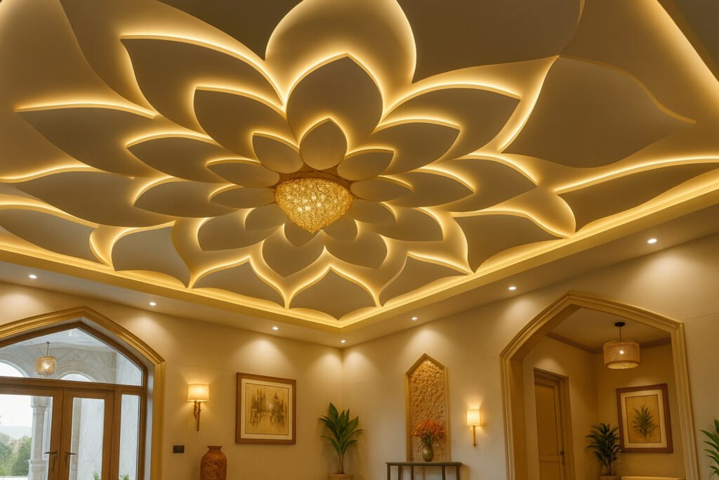 Luxurious lotus-inspired false ceiling design with golden cove lighting and chandelier
