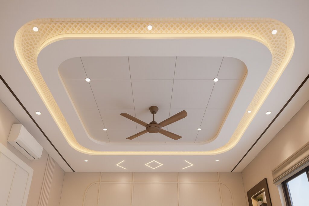 Modern false ceiling design with cove lighting and wooden ceiling fan in a contemporary room